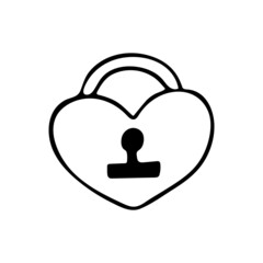 Hand drawn doodle lock. Vector cute heart lock. Outline. Valentine's day clipart. Love.