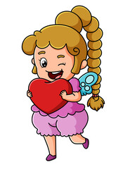 The cute fairy girl with the long hair is holding the love doll