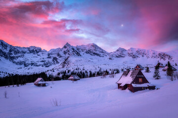 Beautiful sunset in Tatra mountains during winter