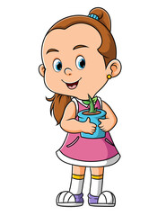 The cute girl is carrying a small vase and planted plant