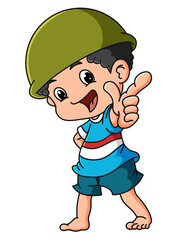 The cool boy is wearing an army cap and pointing