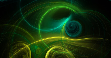 Abstract colorful green and yellow fiery shapes. Fantasy light background. Digital fractal art. 3d rendering.