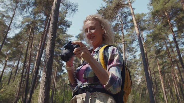 Woman photographer hiking in wood and taking pictures of nature. Realtime