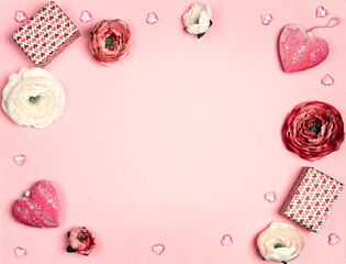 Fototapeta na wymiar Romantic frame of gifts, flowers and decorative hearts on pink background. Place for text, top down composition. St. Valentines Day concept.
