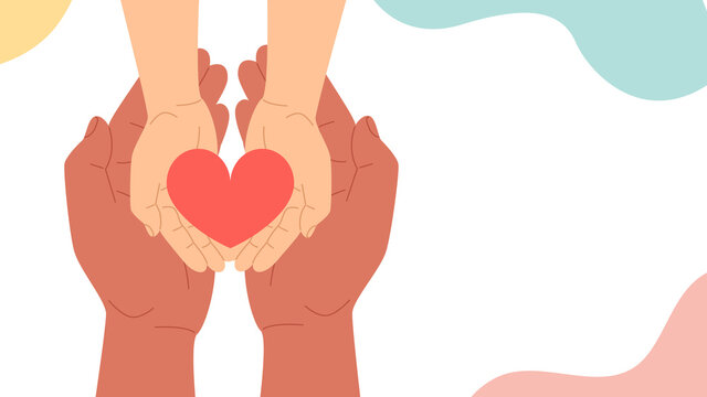 The hands of an adult and a child hold a heart. The concept of hope and love, volunteering. Vector stock illustration in flat style.