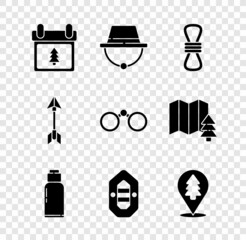 Set Calendar with tree, Camping hat, Climber rope, Canteen water bottle, Rafting boat, Location of the forest, Hipster arrow and Binoculars icon. Vector