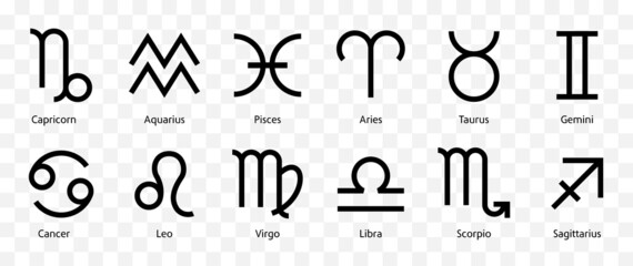 Zodiac signs black icons set vector. Isolated horoscope zodiac symbols : Capricorn, Aquarius, Pisces, Aries, Taurus, Gemini, Cancer, Leo, Virgo, Libra, Scorpio. Zodiac astrology vector illustration.