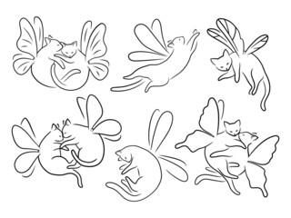 Set of fairy cats with wings. Collection of fairy animalwith butterflies wings. Line art. Vector illustration of cute animals on a white background.