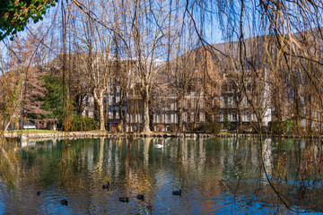 Fototapeta na wymiar Small lake, in a park in Bagnère de Luchon, Haute Garonne, Occitanie, France