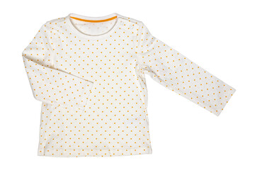 Summer shirt isolated. Closeup of a white baby girl shirt or t-shirt with yellow polka dots...
