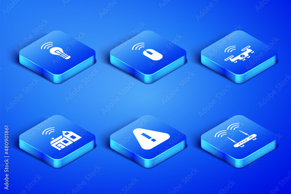Poster set router and wi-fi signal, smart light bulb, exclamation mark in triangle, home with wireless, wir