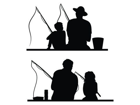Set of fishing father with childs. Collection of parent with son and daughter on fishing. Fathers day. Vector illustration on white background. 