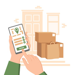 Contactless delivery service. The package and boxes are next to the door to the house. Online delivery phone. Vector illustration.