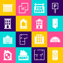 Set Online real estate house, Garage, Closed door, Hanging sign with For Rent, House contract, and icon. Vector