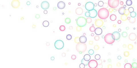Soapy bright multicolored bubbles fly randomly on a white background. Vector illustration