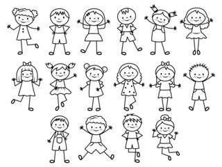 Set of doodle kids figures. Collection of  happy cartoon children's. Vector illustration of cute emotion stick figures of boys and girls. Hand-drawn.