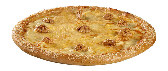 Closeup of cheese pizza with mozzarella, parmesan, emmental, gorgonzola, walnuts and sesame