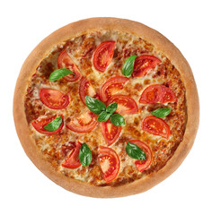 Top view of pizza Margherita with tomatoes, mozzarella cheese and fresh basil isolated on white