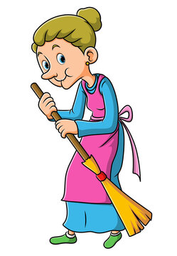 The Old Woman Is Sweeping The Yard With The Broom Stick