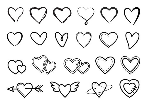 Set of hand drawn outline vector hearts