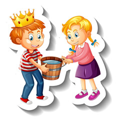 A boy wearing crown giving water bucket to a girl