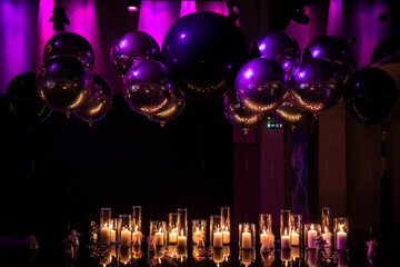 Glass jar's with burning candles light the room, making romantic and warm atmosphere at gala dinner, wedding, restaurant or event. Luxury decoration with balloons above candles.