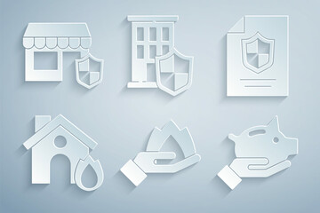 Set Hand holding a fire, Contract with shield, Fire burning house, Piggy bank, House and Shopping building icon. Vector