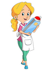 The chef girl with the apron is holding the debit card with the santa hat