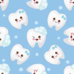 Kawaii smiling happy teeth with bubbles characters. First tooth concept. Adorable vector illustration. Light blue background for poster, fabric print, wrapping paper, boy party. Seamless pattern.