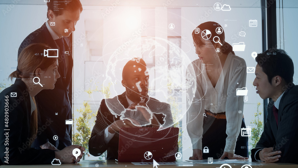 Poster global business concept. communication network. management strategy. digital transformation.