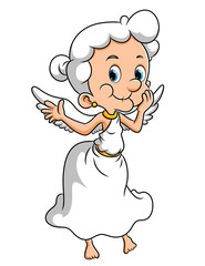 The old angel woman is flying the white wings