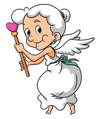 The old cupid woman is flying with the love wand