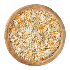 Top view of sweet pizza with condensed milk, banana, peach, almond and coconut shavings isolated on white