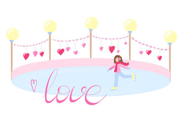 A girl skates on a winter ice rink. Vector illustration.