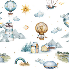 watercolor houses with church, balloons, rainbow, clouds, forest, moon and mountains in pastel colors seamless pattern