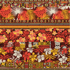 Hawaiian style hibiscus and tribal element fabric patchwork abstract vintage vector seamless pattern 