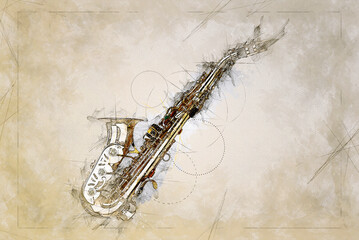 Illustration Sketch from Golden colored saxophone - obrazy, fototapety, plakaty