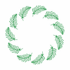 Fototapeta na wymiar Round frame with green feathers on white background. Vector image.
