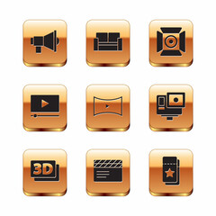 Set Megaphone, 3D word, Movie clapper, Online play video, spotlight, Cinema ticket and chair icon. Vector