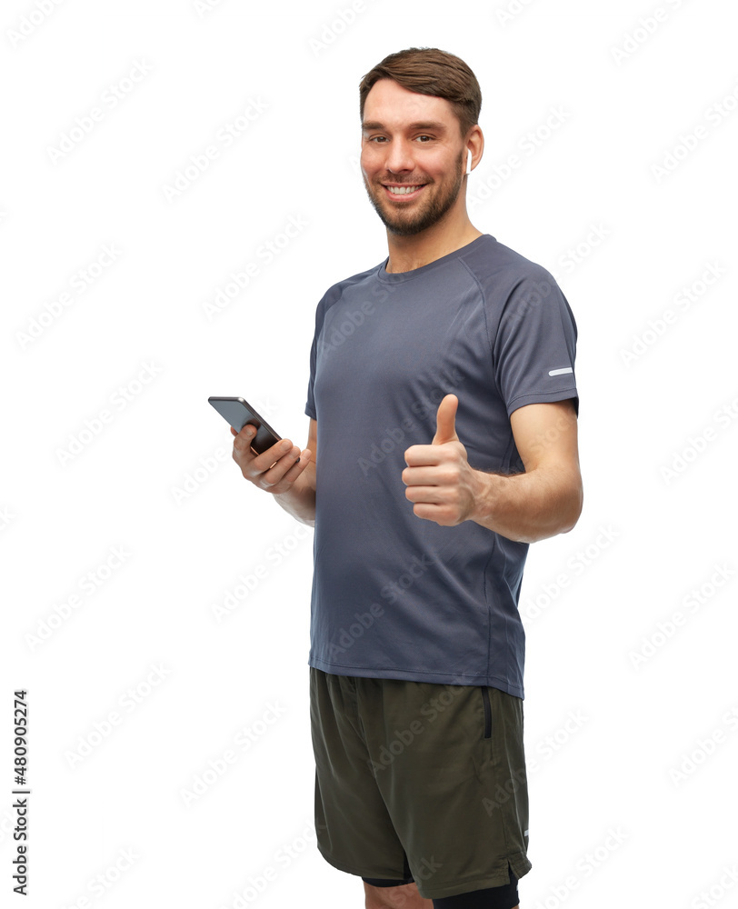 Sticker fitness, sport and healthy lifestyle concept - smiling man in sports clothes with smartphone and ear