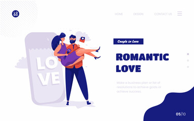 Romantic love with man holding woman love illustration on landing page design