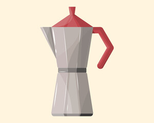 Metal coffee maker or kettle for making hot drinks. Vector illustration.Geyser coffee maker for making coffee.   Italian metal coffee pot.