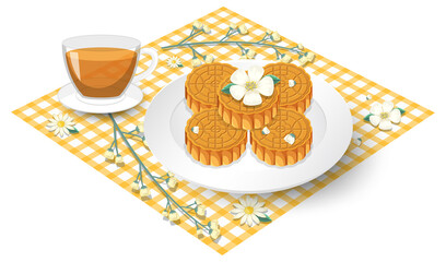 Pile of mooncakes with teacup set on tablecloth