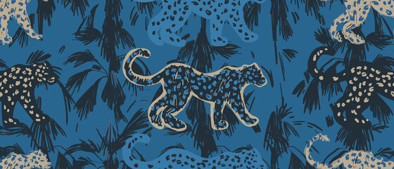 Materiał do szycia Hand drawn artistic dark blue tones pattern with leopards. Abstract collage contemporary seamless pattern. Fashionable template for design.
