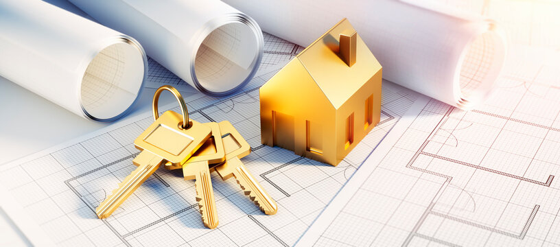  Golden symbol house and golden keys with architecture plans - 3D illustration