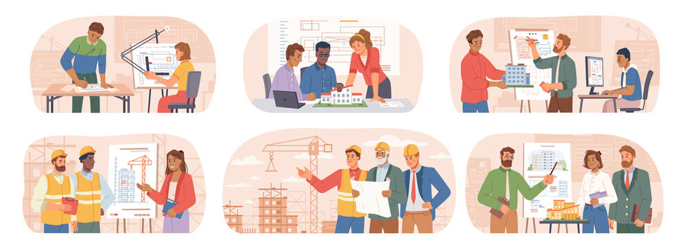 Skilled architects and engineers working on planning, projects of buildings and models. Presentation for team, woman with paper miniature of facade. Using application for sketches. Vector in flat