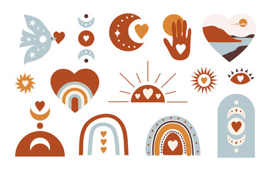 Set of romantic bohemian elements for Valentine's Day isolated on a white background. Modern  vector illustration for decoration