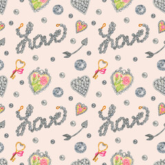 Watercolor seamless silver jewelry pattern isolated on pink background.For valentine's day,package design,wrapping,prints.