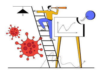 Business vision after Coronavirus COVID-19 pandemic causing financial crisis and economy recession concept. Businessman holding telescope on top of ladder