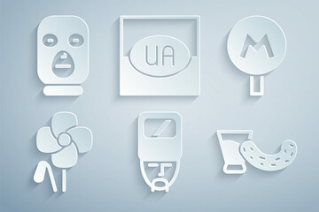 Set Ukrainian cossack, Metro or Underground, Poppy flower, Glass with vodka, Flag of Ukraine and Thief mask icon. Vector